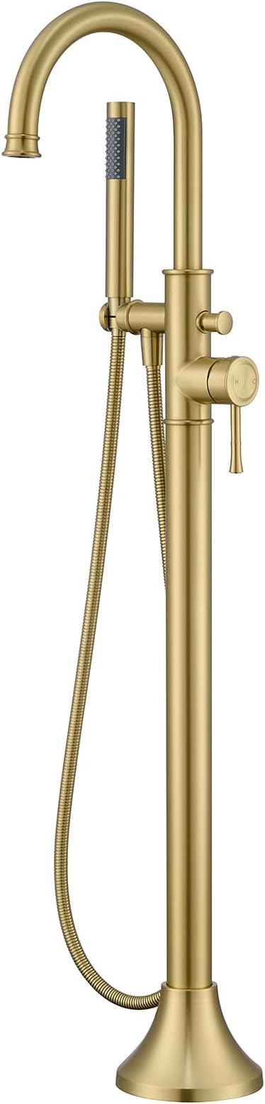 Free Standing Tub Faucet Brushed Gold Freestanding Bathtub Faucet Floor Mount Brass Bathroom Tub Filler with Hand Shower