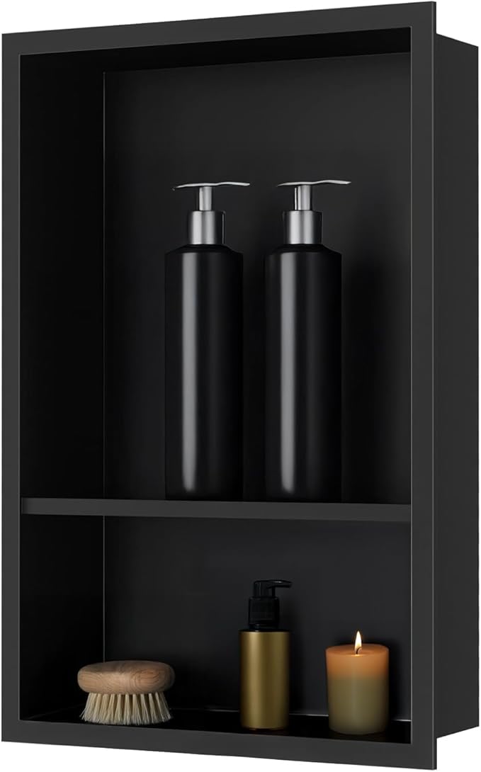 SaniteModar Shower Niche, Stainless Steel Niche for Shower Wall,18"x 12" No Tile Needed,Recessed for Bathroom Storage (Black, 18" x 12" Double)