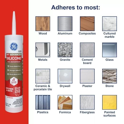GE Advanced Silicone Caulk for Kitchen & Bathroom, White, 10 fl oz Cartridge, 12 Pack - 100% Waterproof Silicone Sealant, 5X Stronger Adhesion, Shrink & Crack Proof