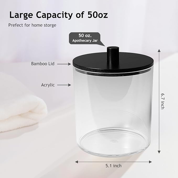 SheeChung 2 Pack 50 Oz Large Apothecary Jar with Bamboo Lid, Laundry Pods Container, Storage Jars for Bathroom Organization, Plastic Canisters with Cute Stickers Spoons(Black)
