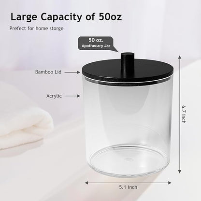 SheeChung 2 Pack 50 Oz Large Apothecary Jar with Bamboo Lid, Laundry Pods Container, Storage Jars for Bathroom Organization, Plastic Canisters with Cute Stickers Spoons(Black)