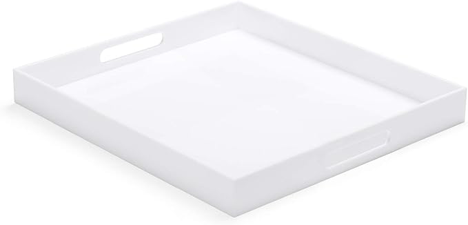 White Modern Acrylic Ottoman Tray with Cutout Handles 20x20 Inch Over-Sized Serving Tray Organizer Rubber Boot Tray Decorative for Living Room Bedroom,Bathroom and Entryway Kitchen