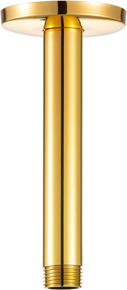 OFFO Shower Arm with Flange, Bright Gold 6 in Ceiling Mount Replacement Rain Shower Head Straight Arm Ceiling-Mounted For Fixed Shower Head & High Pressure Rain