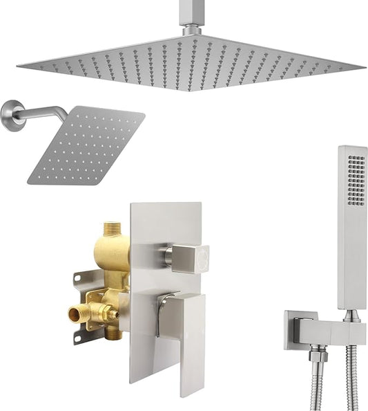 Shower System Dual Shower Heads with 12" Ceiling Mounted Rain Shower Head & 6" Wall Mounted Head Full Body Luxury Rain Shower System 3 Way Pressure Balance Valve Kit, Brushed Nickel