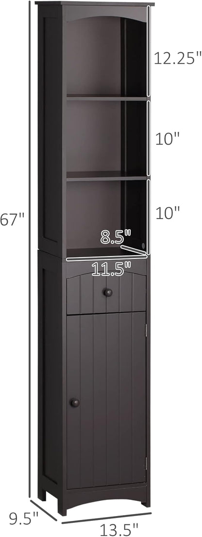 HOMCOM Bathroom Storage Cabinet, Free Standing Bathroom Storage Unit, Tall Linen Tower with 3-Tier Shelves and Drawer, Brown