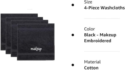 Chakir Turkish Linens | Hotel & Spa Quality 100% Cotton Premium Turkish Towels | Soft & Absorbent (4-Piece Washcloths, Black - Makeup Embroidered)