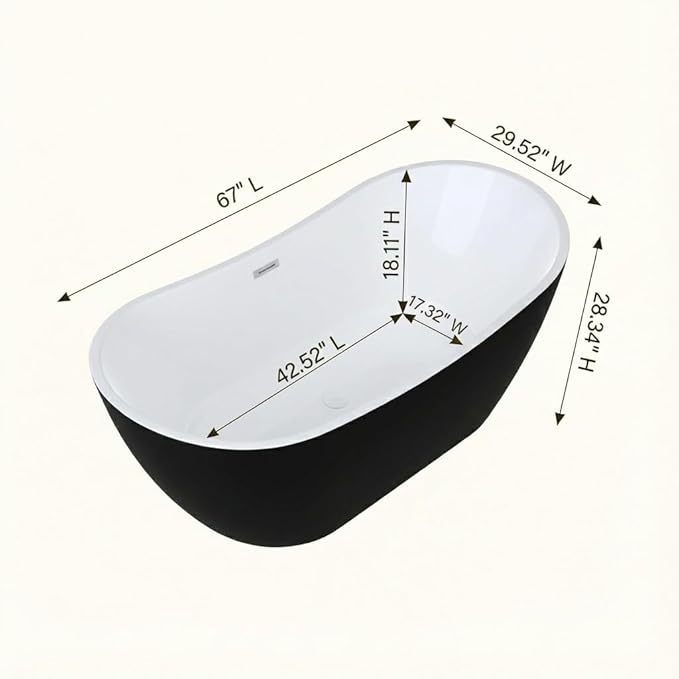 67" Freestanding Acrylic Bathtub, Deep Soaking Tub with Non-Slip Base & Chrome Drain, cUPC Certified, Black Ingot