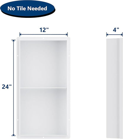 Stainless Steel Shower Niche 12" X 24", No Tile Needed Wall Niche with Double Shelves, Recessed Shower Shelf for Bathroom Storage, Matte White