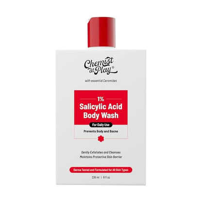 Chemist at Play 1% Salicylic Acid Body Wash | Paraben & SLS Free | Gentle Exfoliating Shower Gel | Prevents Body Acne, Bumpy Skin & Deep Cleanses Skin | For Men & Women | 7.9 Fl oz