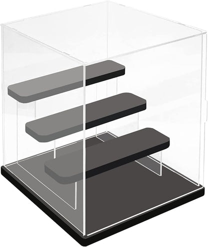 Choowin 4 Tier Small Clear Acrylic Display Case for Collectibles, Mini Figures, Pop Mart, Labubu, Sonny Angel, Smiski - Assemble Dustproof Acrylic Display Box with Door, Stand (Black Base Step)