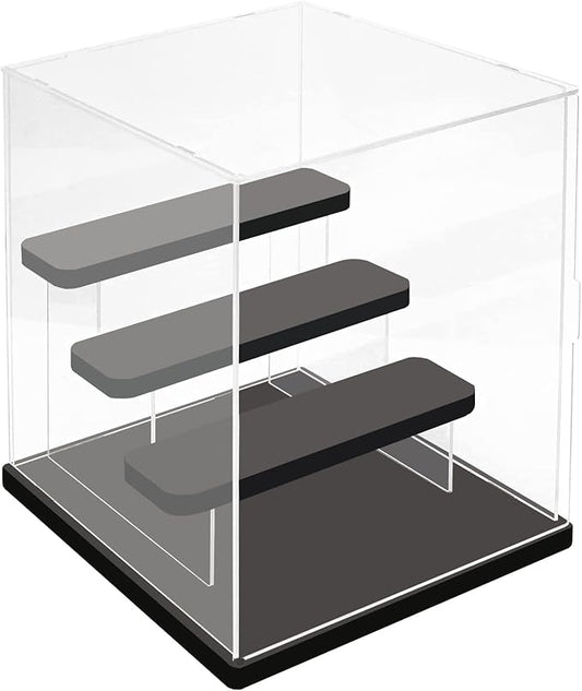 Choowin 4 Tier Small Clear Acrylic Display Case for Collectibles, Mini Figures, Pop Mart, Labubu, Sonny Angel, Smiski - Assemble Dustproof Acrylic Display Box with Door, Stand (Black Base Step)