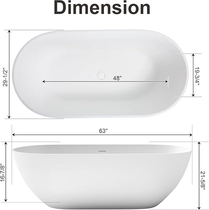 63 Inch Solid Surface Freestanding Bathtub, Oval Shaped Soaking Stone Resin Bath Tub with Brushed Overflow and Drain, Matte White Stand Alone Bathtub, cUPC Certified