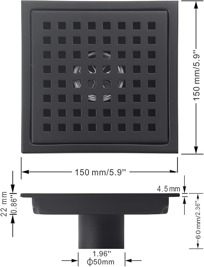 6 Inch Square Shower Floor Drain Black Matte, Grille with Removable Cover, SUS304 Stainless Steel