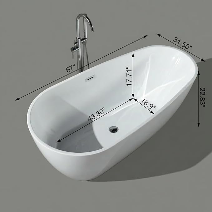 67" Freestanding Acrylic Bathtub, Deep Soaking Tub with Non-Slip Base & Chrome Drain, cUPC Certified, White Pearl