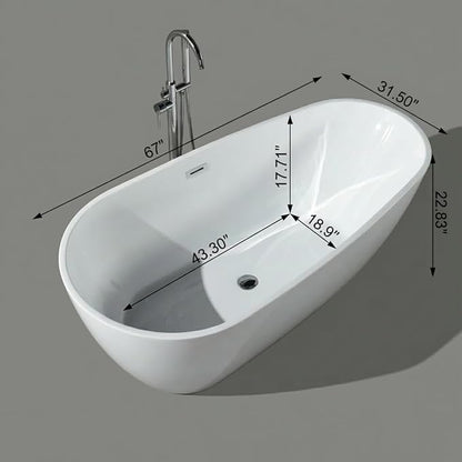 67" Freestanding Acrylic Bathtub, Deep Soaking Tub with Non-Slip Base & Chrome Drain, cUPC Certified, White Pearl