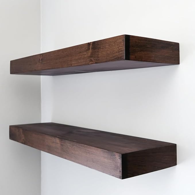 Urbandi Modern Floating Shelves 3 Inches Thick for Wall, Wide Shelves for Kitchen, Living Room, Bedroom, and Bathroom, Natural Pine Wood, Rustic Wooden Shelf, (Set of 2) (Provincial, 36Lx3Hx6D)