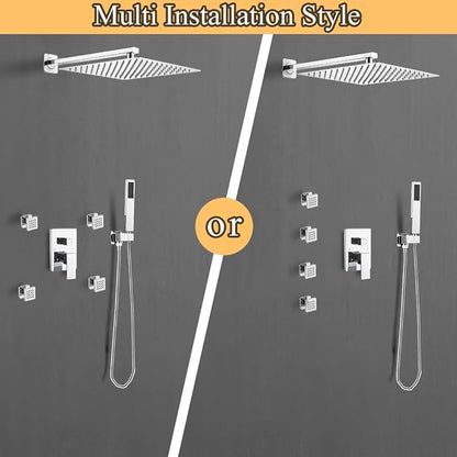 Shower Faucet Set with Body Jets 10 Inch Polished Chrome Shower Head Handheld Shower Combo Set High Pressure Wall Mount with Rough-in Valve, Polished Chrome