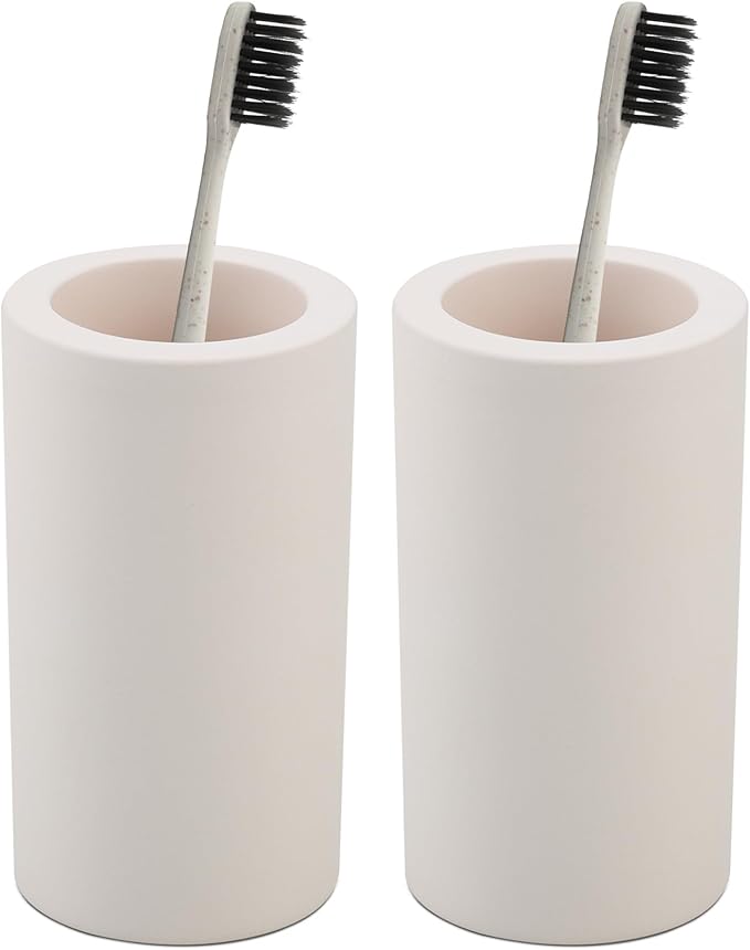 2Pcs Diatomite Toothbrush Holder for Bathroom Sink, Countertop Organizer, Quick Dry Stand Cup for Toothpaste, Razors, Makeup Brushes - Water-Absorbent & Quick-Drying (Beige, Height 4.3")