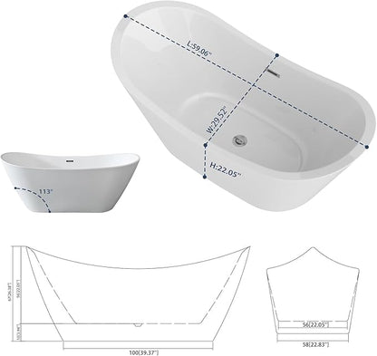 Sarlai 59 Inch Acrylic Freestanding Soaking Bathtub Contemporary Soaking White Tub Stand Alone Ergonomic Bathtub with Chrome Drain and Overflow