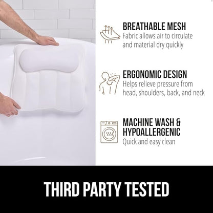 GORILLA GRIP Bath Pillow for Tub with Powerful Suction Cups, Headrest Pillows for Neck and Back Support, Machine Wash, Bathtub and Hot Tub Accessories, Relaxing Spa Gift Essentials for Women, White