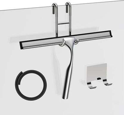 Stainless Steel Squeegee for Shower Glass Doors, 10-Inch All-Purpose Squeegee with Replacement Blade and Matching Hooks Holder, Silver