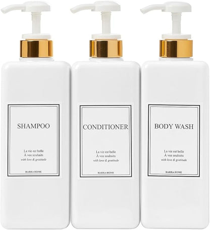 Modern Gold Design Shampoo and Conditioner Dispenser, Large 27oz Shower Soap Dispenser, Set of 3 Refillable Empty Plastic Pump Bottles for Bathroom and Body Wash (6 Waterproof Labels Included), White