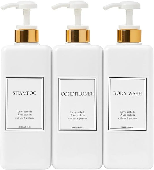 Modern Gold Design Shampoo and Conditioner Dispenser, Large 27oz Shower Soap Dispenser, Set of 3 Refillable Empty Plastic Pump Bottles for Bathroom and Body Wash (6 Waterproof Labels Included), White