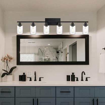 6-Light Seeded Glass Vanity Light Fixtures in Matte Black Finish, 45.3 Inches Length Modern Bathroom Wall Lighting Over Mirror Wall Mount Lights