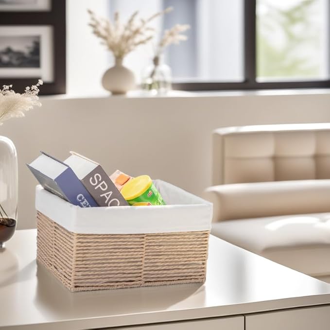 GYASVWU Hand-Woven Paper Rope Storage Baskets,Rectangular Wicker Baskets for Organizing,Decorative Woven Basket for Storage,Shelf Basket for Living Room,Storage Baskets for Pantry (Beige - Small)