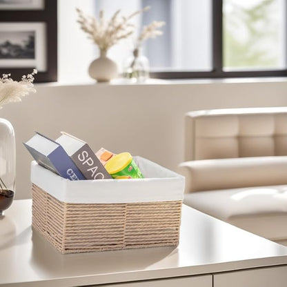 GYASVWU Hand-Woven Paper Rope Storage Baskets,Rectangular Wicker Baskets for Organizing,Decorative Woven Basket for Storage,Shelf Basket for Living Room,Storage Baskets for Pantry (Beige - Small)