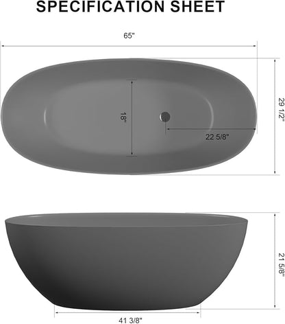 GIVINGTREE 65'' Freestanding Solid Surface Resin Stone Bathtub, Contemporary Design Stand Alone Tub with Pop-up Drain and Overflow, cUPC Certified, Matte Grey(Oval)