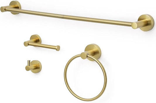 Brushed Gold Bathroom Hardware Set 4 Piece Towel bar Set,Towel Rack for Bathroom Wall Mounted Adjustable Expandable 24 inch Towel Holder Robe Hook Towel Ring Toilet Paper Holder