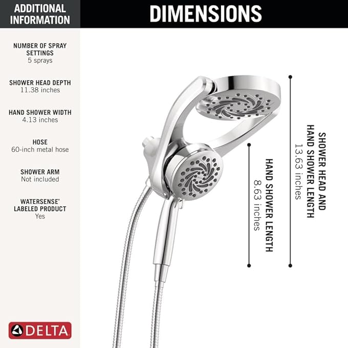 Delta 5-Setting HydroRain 2-in-1 Dual Shower Head with ProClean Spray, Chrome High Pressure Shower Head with Handheld Spray, 1.75 GPM Flow Rate, Chrome 75419