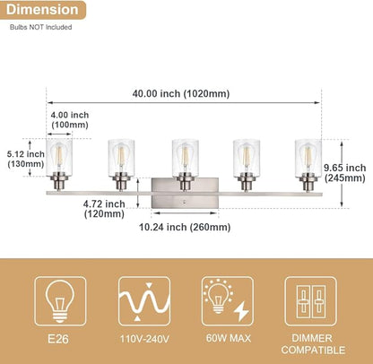 40-Inches Length Bathroom Vanity Lighting Fixtures Over Mirror in Brushed Nickel, 5-Lights Industrial Sconce Wall Lamp with Seeded Glass Shades