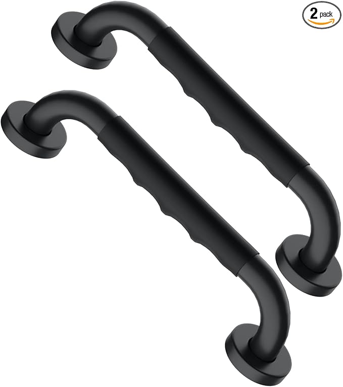 12 Inch Black Shower Grab Bar w/Anti Slip Rubber Grip, Munzong 2 Pack Stainless Steel Bathroom Grab Bar, Bathroom Balance Bar,Safety Handrail Support,Handicap Injury Elderly Senior Assist Bath Handle