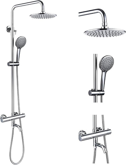 Outdoor Shower Faucet Set 8" Round Shower Head 3 Function Thermostatic Rainfall Shower Faucet Set Handheld Sprayer with Constant Temperature Polished Chrome with Height Adjustable Slide Bar