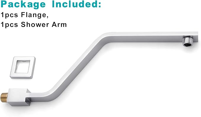 16 Inch S Shape Chrome Shower Head Arm, Square Wall Mounted Shower Arm and Flange Included
