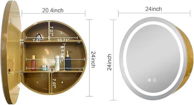24inch Round Medicine Cabinet with Lights,Led Medicine Cabinet with Defogger,Illuminated Mirror Cabinet for Bathroom,Dimmable,Anti-Fog,3 Colors,Surface Mount Only,Gold