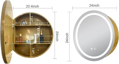 24inch Round Medicine Cabinet with Lights,Led Medicine Cabinet with Defogger,Illuminated Mirror Cabinet for Bathroom,Dimmable,Anti-Fog,3 Colors,Surface Mount Only,Gold