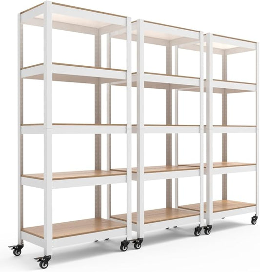 HOMEDANT House 5-Tier Metal Rolling Cart Shelf Rack Casters Heavy Duty Laminated Wheel Shelving Unit Adjustable Utility Storage Shelves Organizer Shelf Kitchen Garage (3, (S) 24.4" W, White)