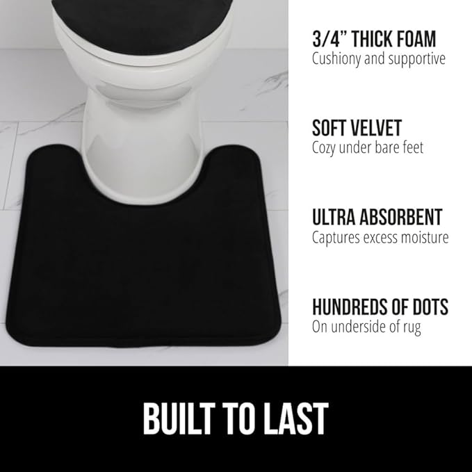 GORILLA GRIP Thick Memory Foam Toilet Rug for Bathroom, U Shaped Washable, Soft Absorbent Velvet Topside Floor Mats, Machine Wash, Cushioned Luxury Rugs for Bath Room, 22.5 x 19.5, Black