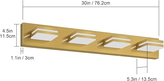 SineRise LED Modern Bathroom Vanity Light Fixtures (4-Light, 30-Inch), Brass Modern Acrylic Bathroom Wall Lighting Fixtures Over Mirror (Cool White 6000K)