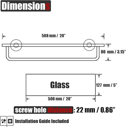 JQK Bathroom Glass Shelf, Shelf with 19 Inch Towel Bar Tempered Glass Shower Storage 20 by 5 inches, 304 Stainless Steel Matte Black Wall Mount, TGS100L20-PB