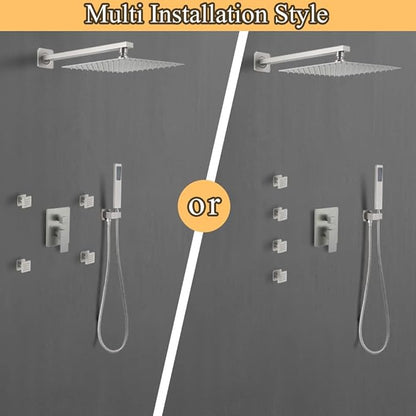 Full Body Shower System Concealed Shower Faucet Set with Body Massage Jets 10 Inch Shower Head Trim Kit 3 Function Wall Mount High Pressure for Bathroom