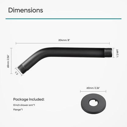 Cobbe Shower Arm with Flange and Teflon Tape, 8-Inches Wall Mounted Shower Pipe Arm Extension for Fixed Shower Head, Matte Black