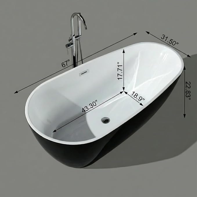 67" Freestanding Acrylic Bathtub, Deep Soaking Tub with Non-Slip Base & Chrome Drain, cUPC Certified, Black Pearl