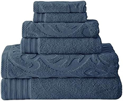 Modern Threads 6 Piece Jacquard/Solid Towel Set-Medallion Swirl Denim