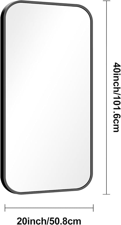 BONEWEI 20x40 inch Bathroom Mirror,Black Rectangle Mirror,Wall Mounted Bathroom Frame Vanity Mirror with Round Corner for Bedroom Living Room,Entryway Hangs Horizontal or Vertical