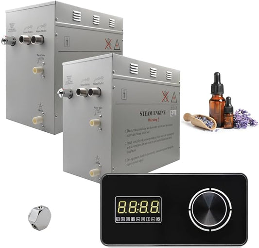 Superior Encore 24kW Steam Shower Generator Kit with Horizontal Black Keypad & Set of 6 Aromatherapy Oils |Self-Draining Steam Bath Generator|One-click Connection Cord|