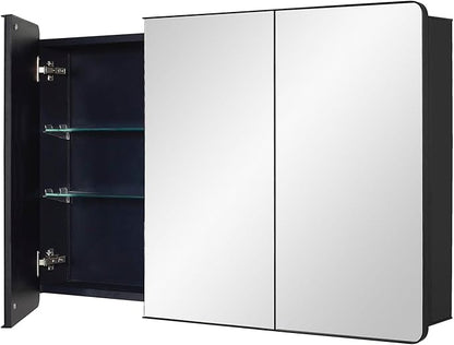 Black Bathroom Medicine Cabinet with Round Corner Framed Door, 40 x 25.5 inch, Recessed or Surface Mount, with Adjustable Glass Shelves